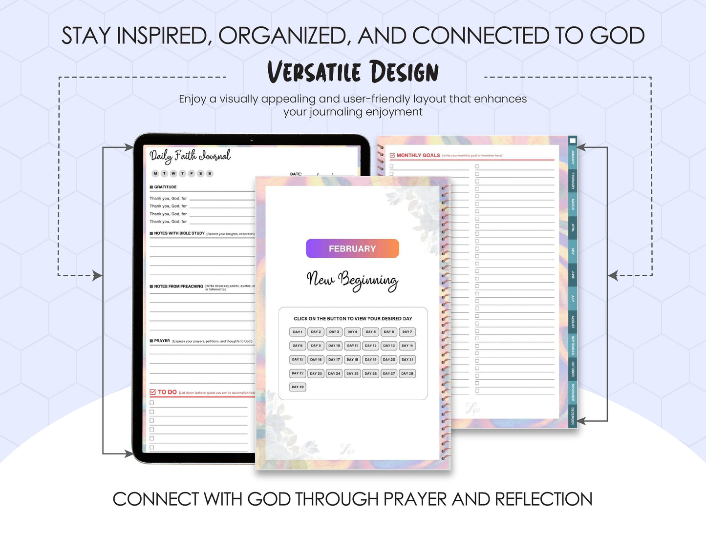 Faith-based journal with a versatile design, featuring daily gratitude prompts, Bible study notes, prayer sections, and monthly goal-setting pages, encouraging spiritual growth and connection to God.