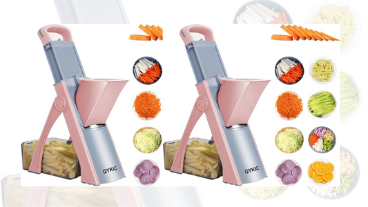 QYKIC safe mandoline slicer for kitchen, shown with sliced vegetables.