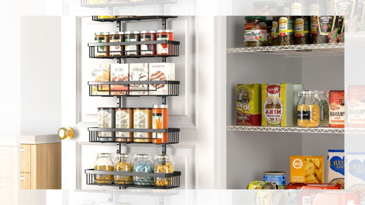 Over-door pantry organizer with six shelves, increasing kitchen storage